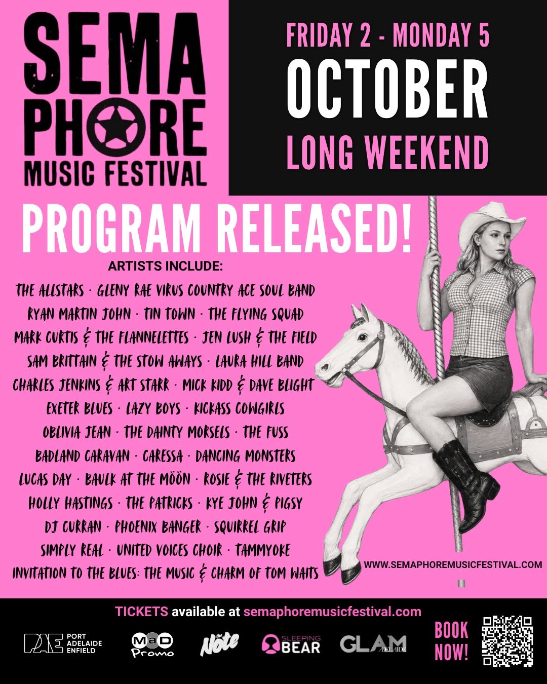 Poster for Semaphore Music Festival Oct 2-5 long weekend featuring Ryan Martin John, The Allstars, Jen Lush, and a woman riding a carousel horse.